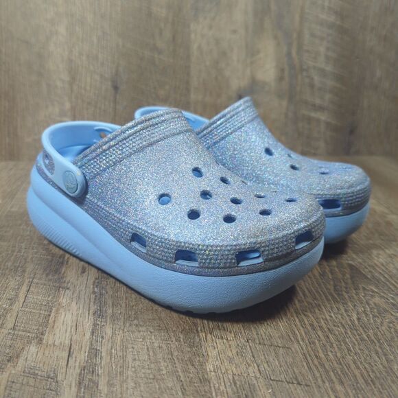 Crocs Kid's Cutie Glitter Platform Clogs Oxygen Blue Sparkle Girls Size J2 - Picture 1 of 12